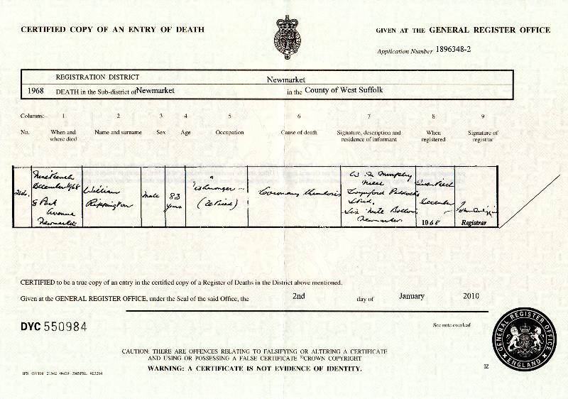 Rippington (William) 1968 Death Certificate